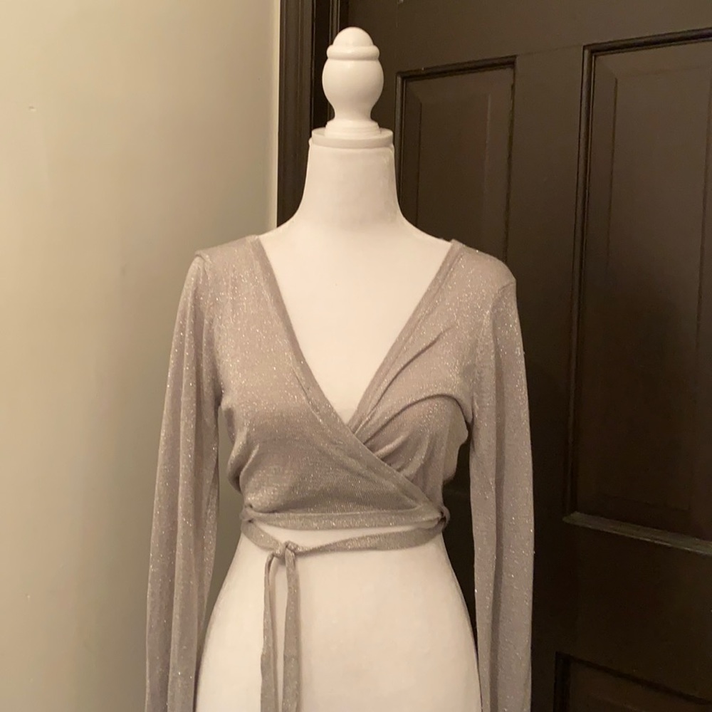 Sparkle cropped long sleeve wrap top